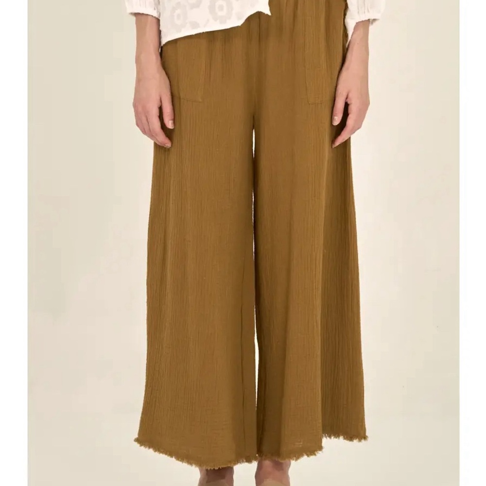 Brown Olive Raw Edge Trim Solid Gauze Pant (MULTIPLE SIZES)